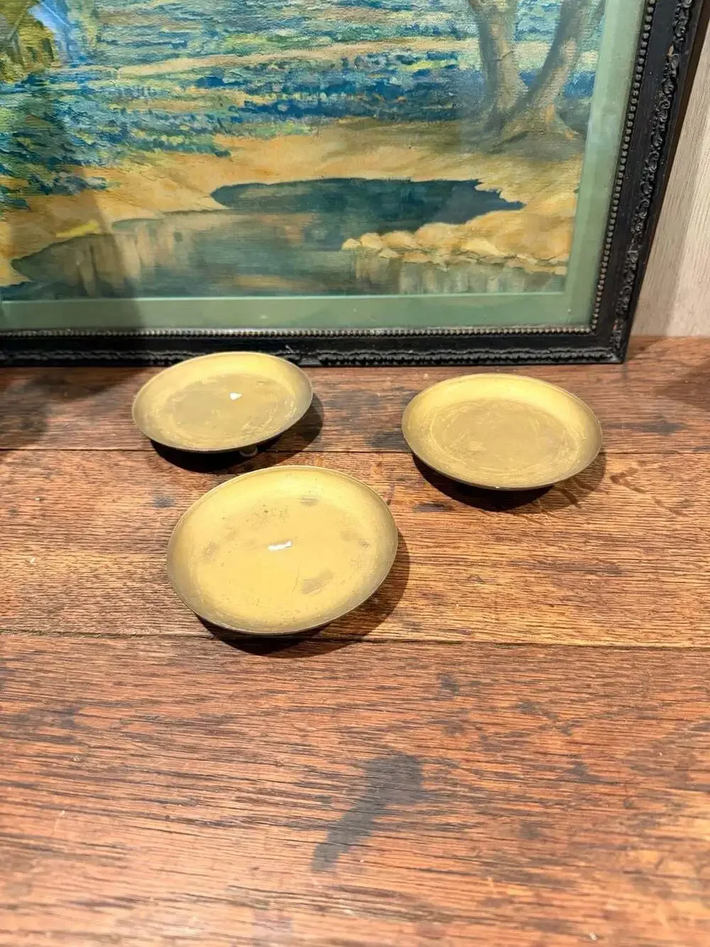 Set of 3 Vintage Brass Footed Trinket Dishes / Small Pedestal Plates